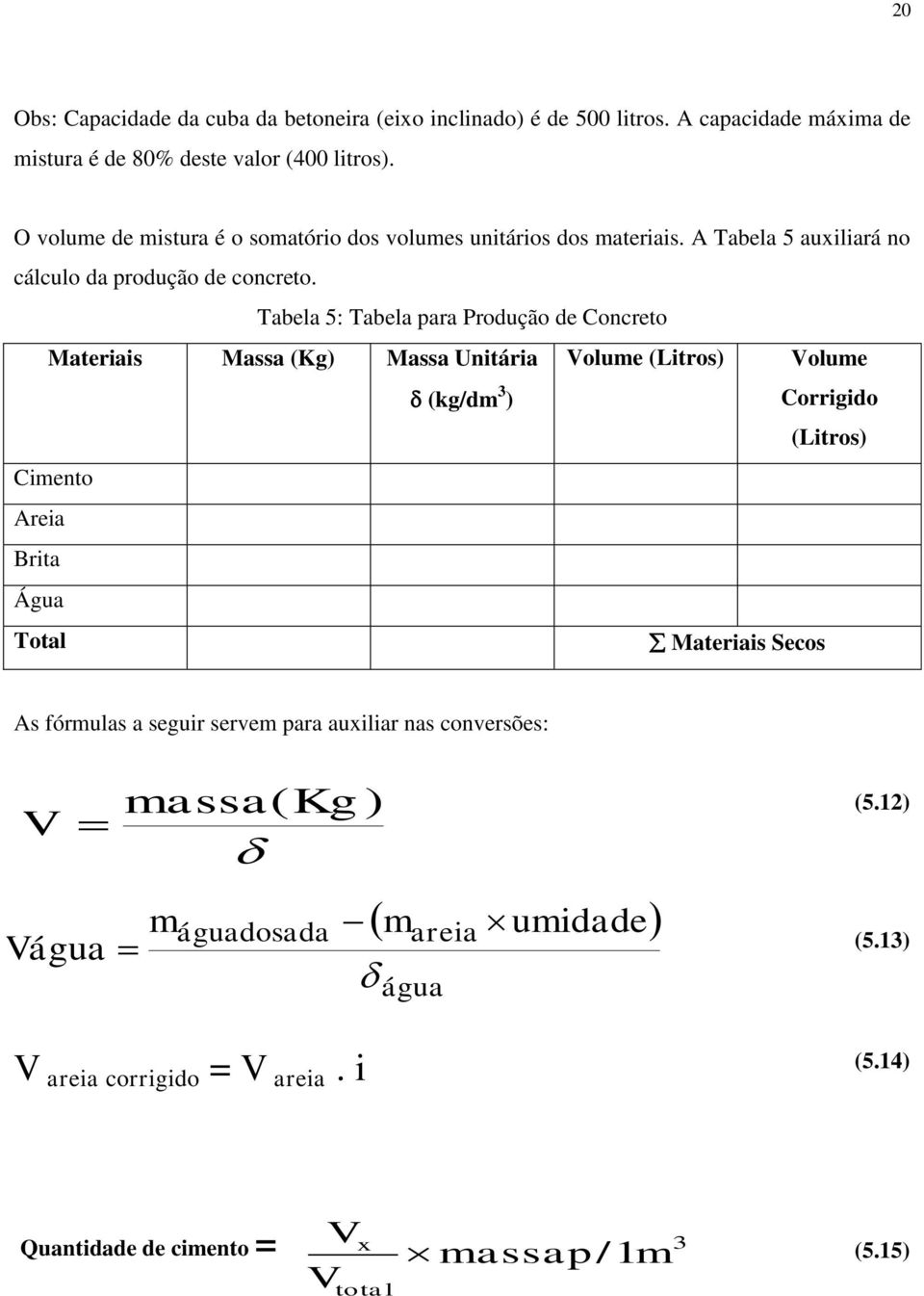 Tabela 5: Tabela para Produção de Concreto Materiais Massa (Kg) Massa Unitária Volume (Litros) Volume (kg/dm 3 ) Corrigido (Litros) Cimento Areia Brita Água Total