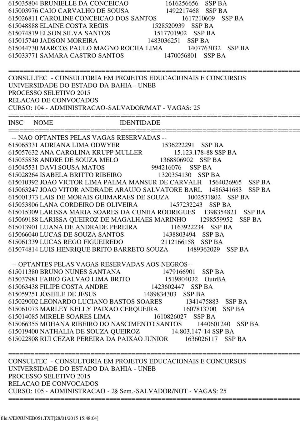 SSP BA CURSO: 104 - ADMINISTRACAO-SALVADOR/MAT - VAGAS: 25 615065331 ADRIANA LIMA ODWYER 1536222291 SSP BA 615057632 ANA CAROLINA KRUPP MULLER 15.123.
