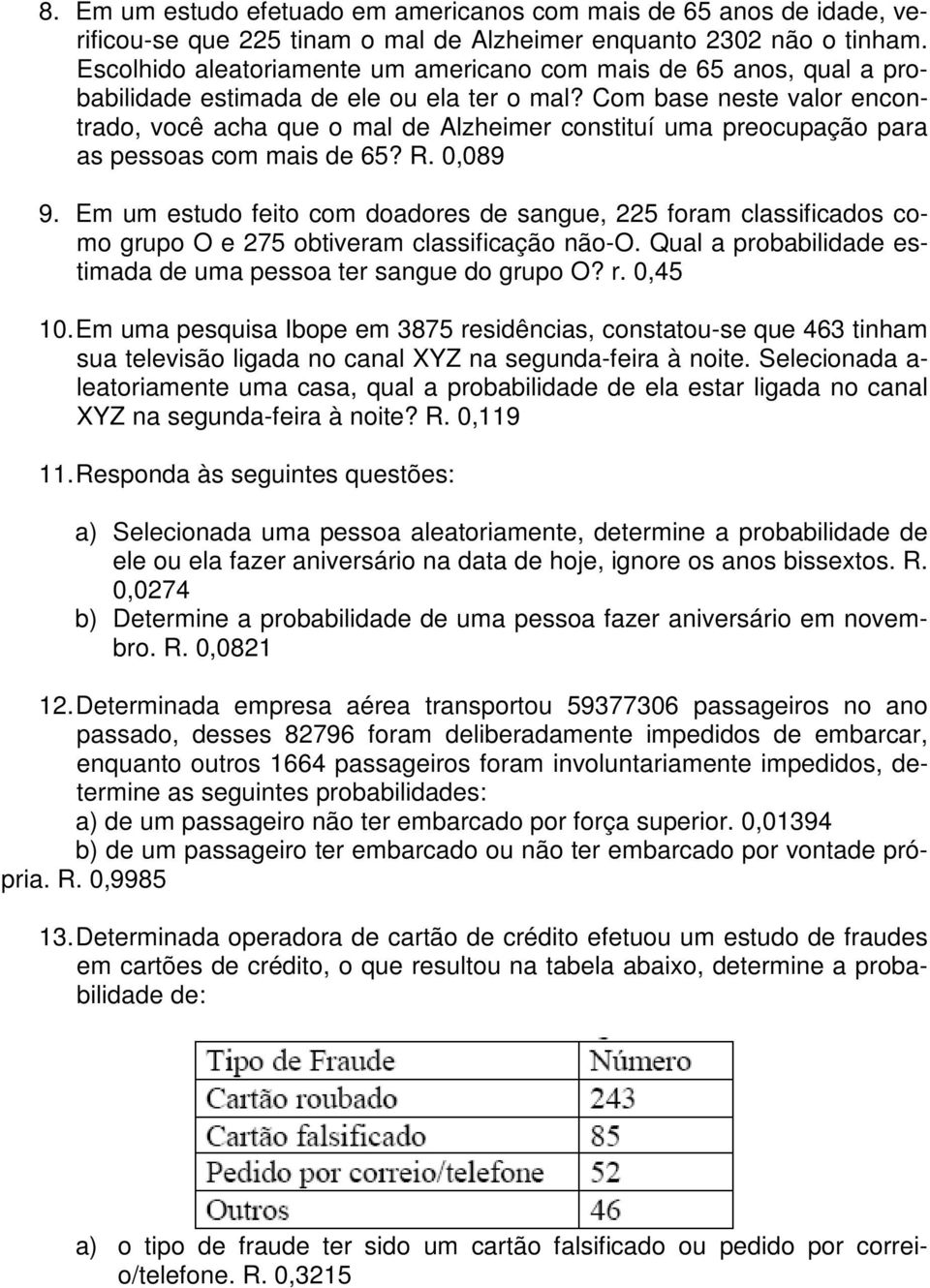 Com base neste valor encontrado, você acha que o mal de Alzheimer constituí uma preocupação para as pessoas com mais de 65? R. 0,089 9.