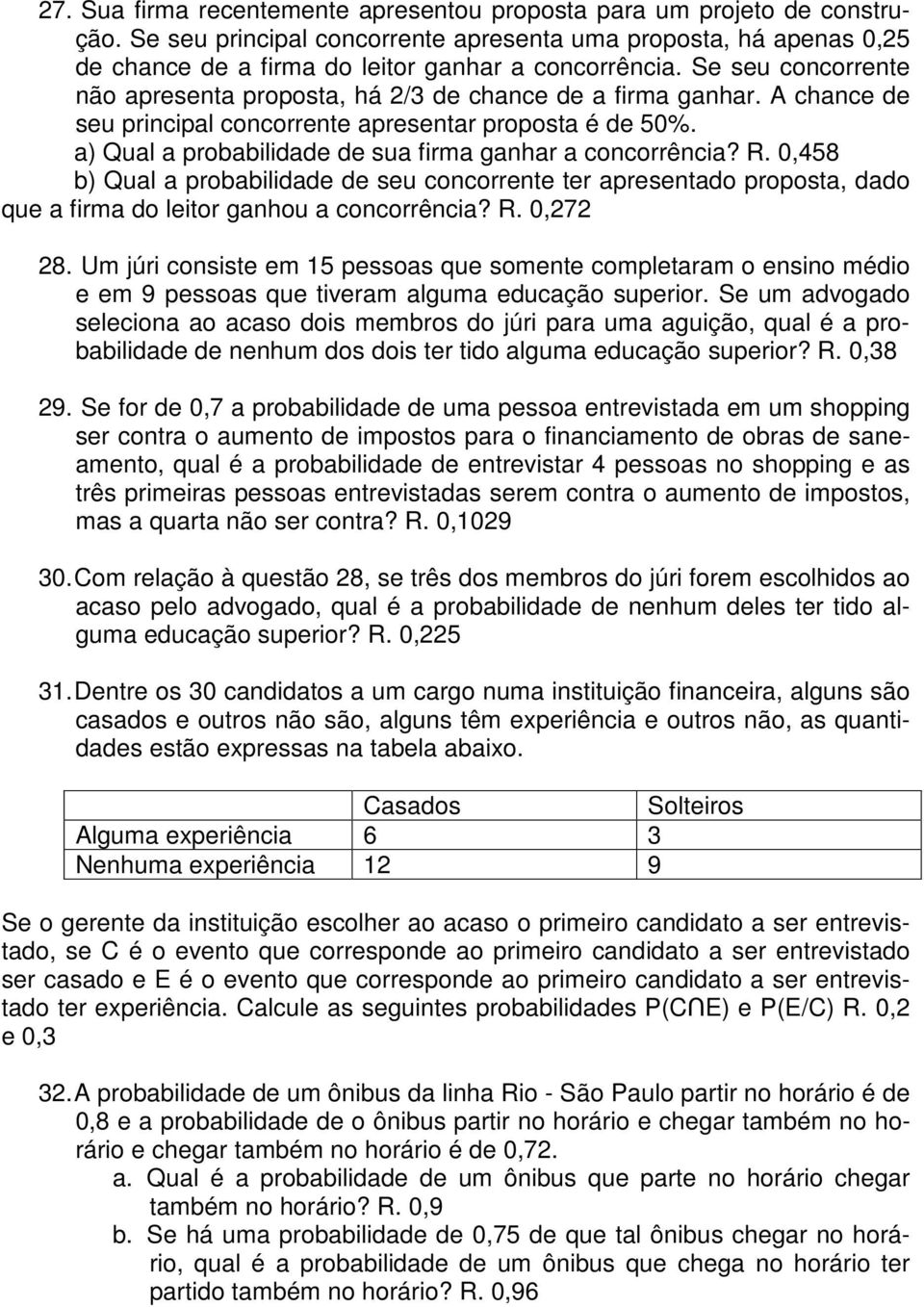 a) Qual a probabilidade de sua firma ganhar a concorrência? R. 0,458 b) Qual a probabilidade de seu concorrente ter apresentado proposta, dado que a firma do leitor ganhou a concorrência? R. 0,272 28.