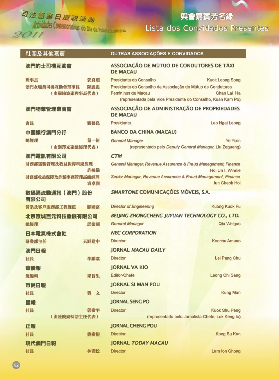 ASSOCIAÇÃO DE ADMINISTRAÇÃO DE PROPRIEDADES DE MACAU 會 長 劉 藝 良 Presidente Lao Ngai Leong 中 國 銀 行 澳 門 分 行 BANCO DA CHINA (MACAU) 總 經 理 葉 一 新 ( 由 劉 澤 光 副 總 經 理 代 表 ) General Manager Ye Yixin