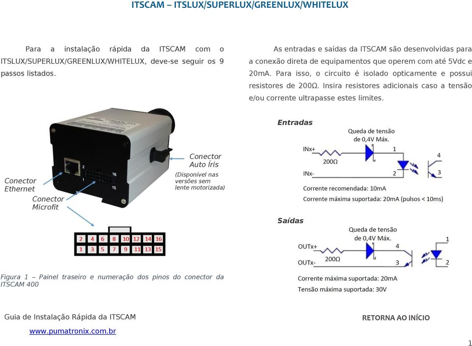 Para isso, o circuito é isolado opticamente e possui resistores de 200Ω. Insira resistores adicionais caso a tensão e/ou corrente ultrapasse estes limites.