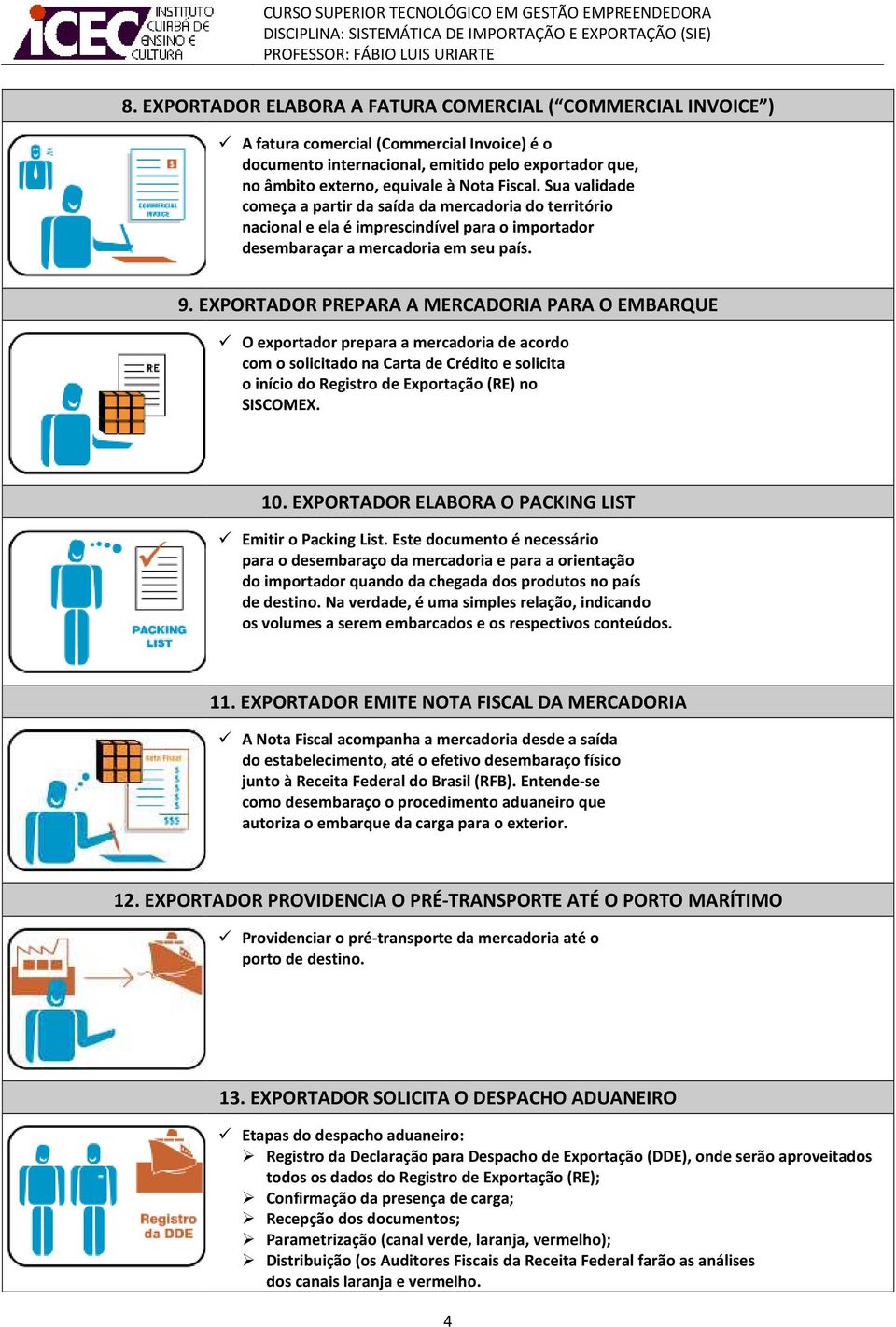 EXPORTADOR PREPARA A MERCADORIA PARA O EMBARQUE O exportador prepara a mercadoria de acordo com o solicitado na Carta de Crédito e solicita o início do Registro de Exportação (RE) no SISCOMEX. 10.