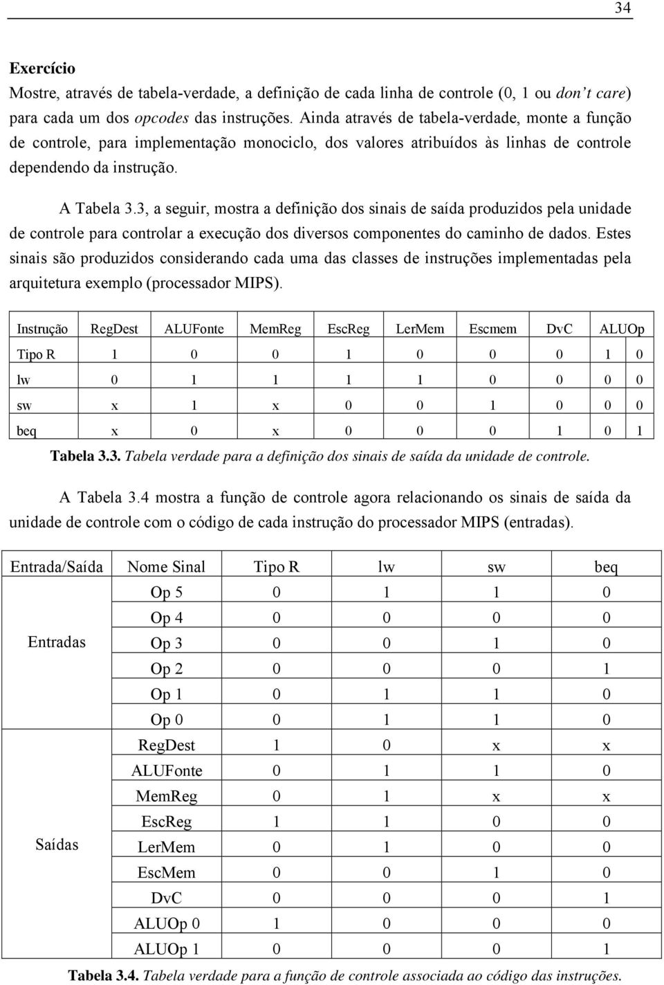 3, a seguir, mostra a definição dos sinais de saída produzidos pela unidade de controle para controlar a execução dos diversos componentes do caminho de dados.