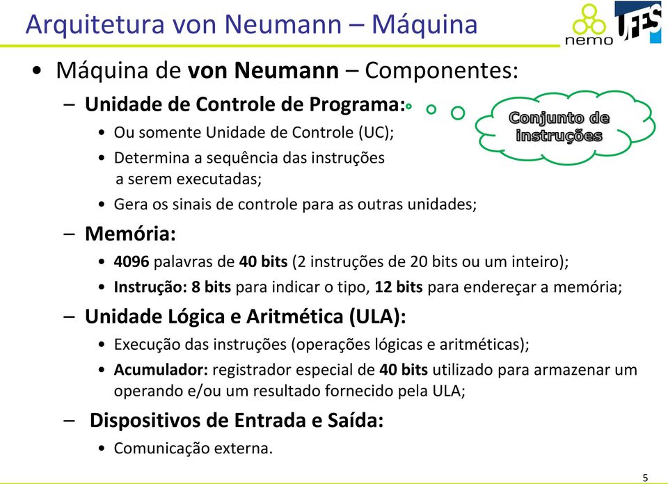 Instrução: 8 bits para indicar o tipo, 12 bits para endereçar a memória; Unidade Lógica e Aritmética (ULA): Execução das instruções (operações lógicas e