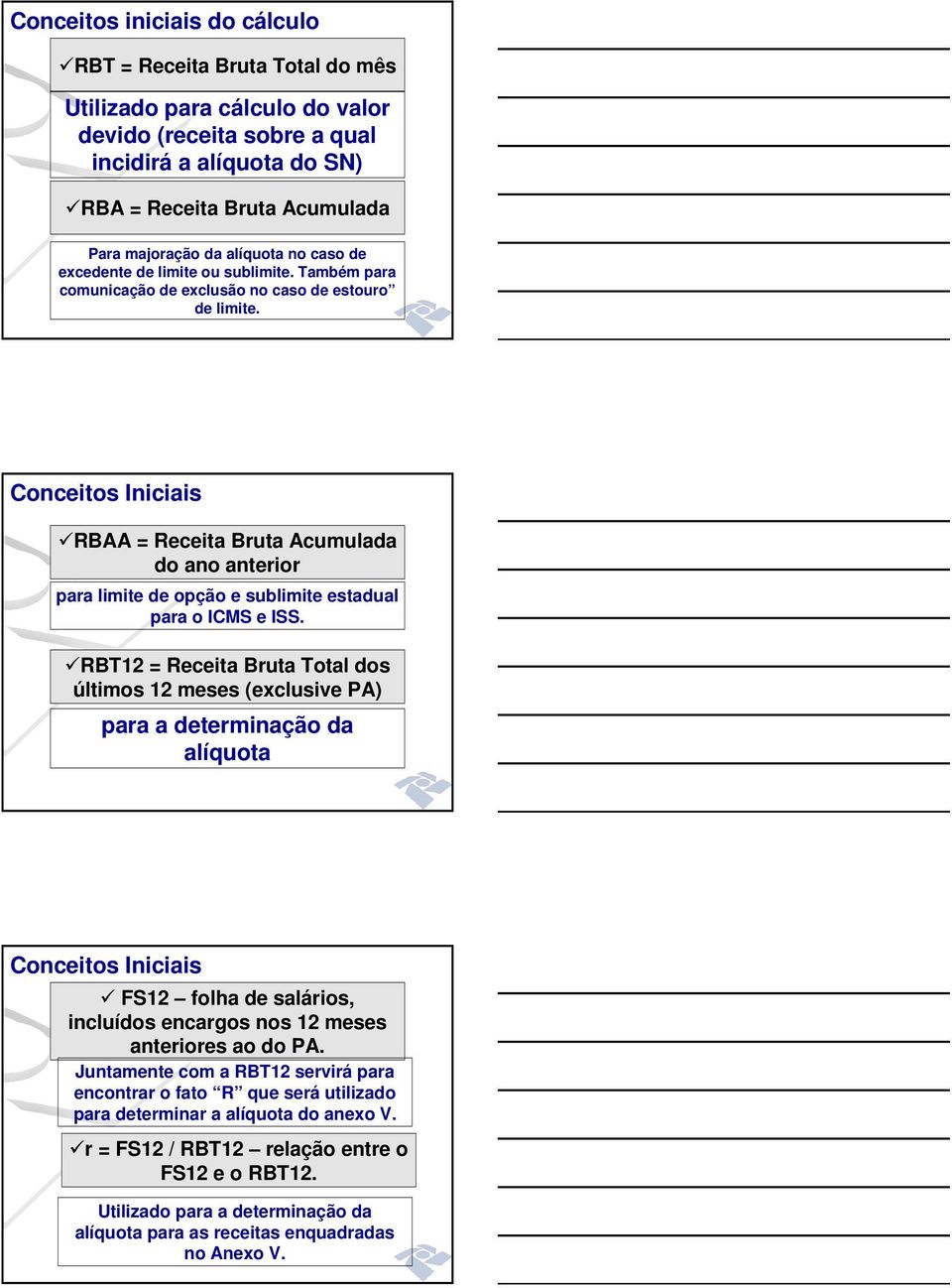 Conceitos Iniciais RBAA = Receita Bruta Acumulada do ano anterior para limite de opção e sublimite estadual para o ICMS e ISS.