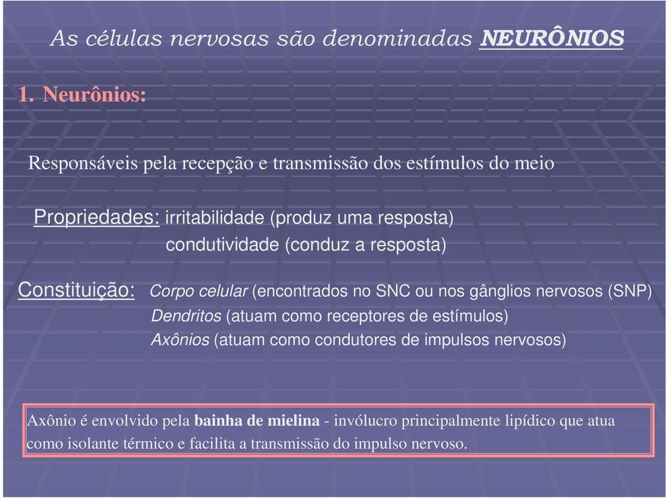 condutividade (conduz a resposta) Constituição: Corpo celular (encontrados no SNC ou nos gânglios nervosos (SNP) Dendritos (atuam como