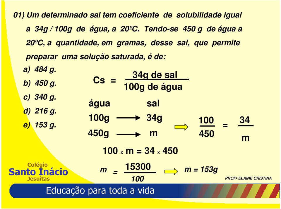solução saturada, é de: a) 484 g. b) 450 g. c) 340 g. d) 216 g. e) 153 g.