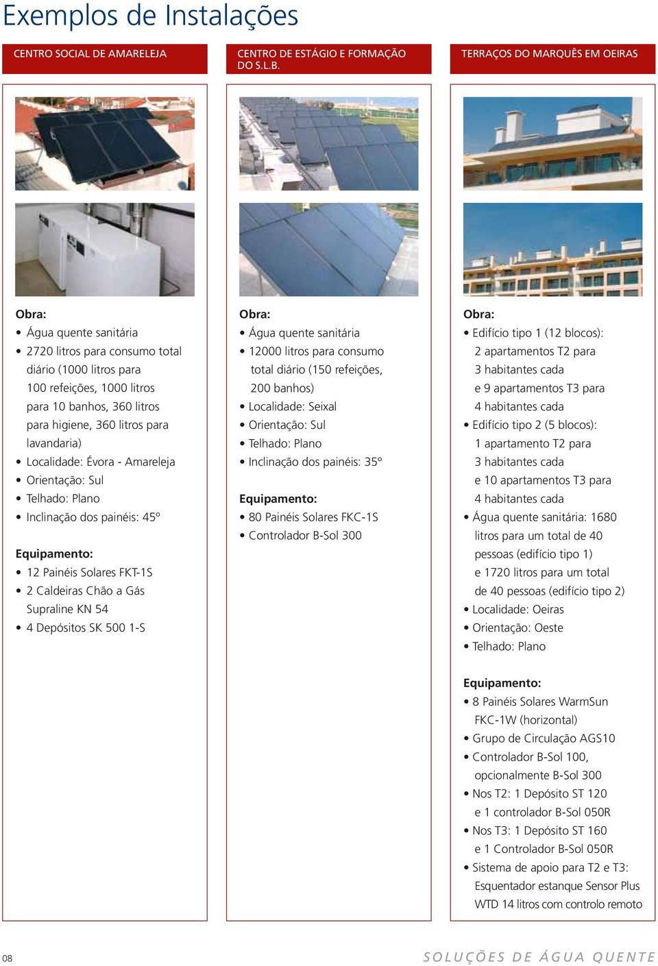 lavandaria) Localidade: Évora - Amareleja Orientação: Sul Telhado: Plano Inclinação dos painéis: 45º Equipamento: 12 Painéis Solares FKT-1S 2 Caldeiras Chão a Gás Supraline KN 54 4 Depósitos SK 500