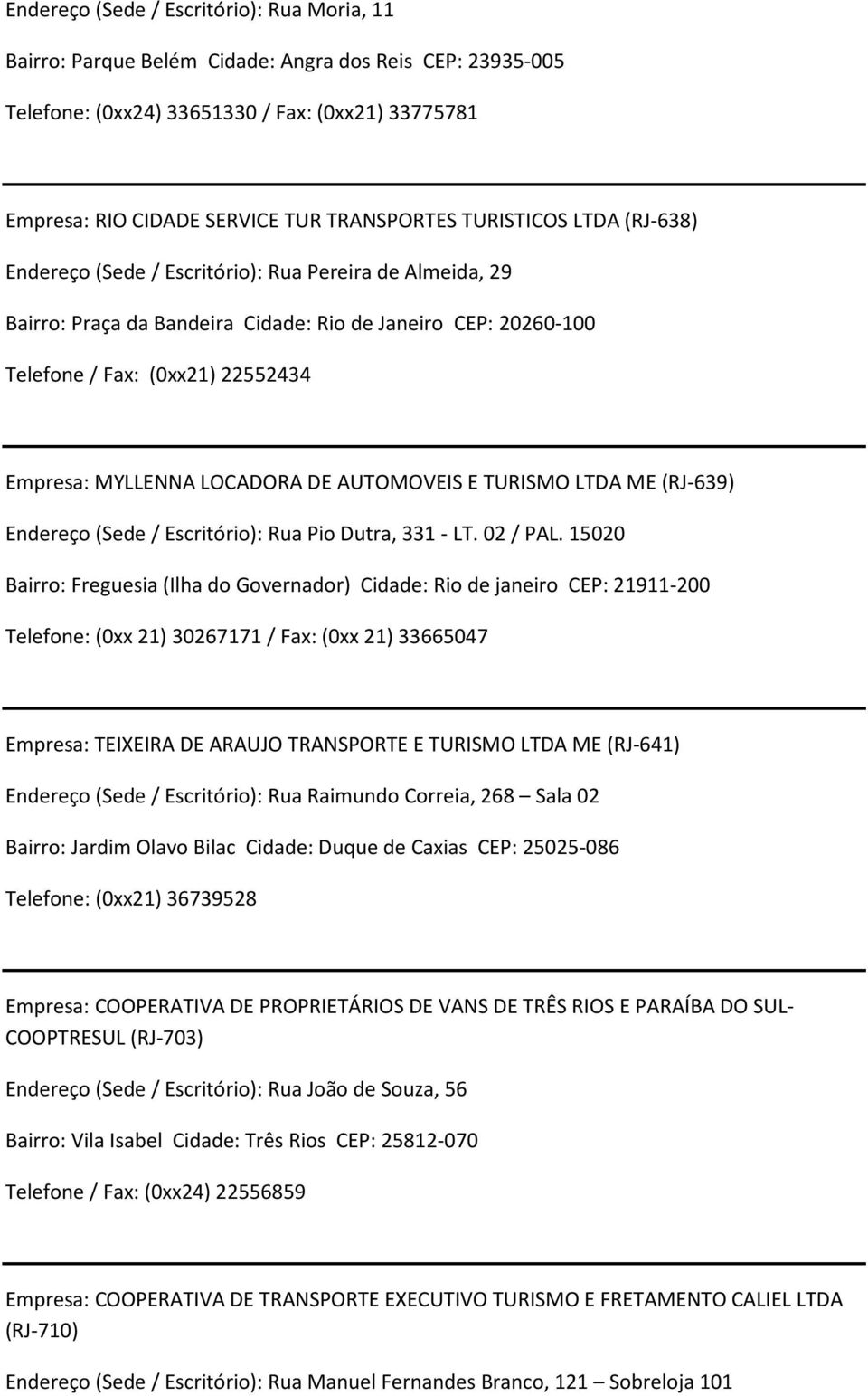 LOCADORA DE AUTOMOVEIS E TURISMO LTDA ME (RJ-639) Endereço (Sede/ Escritório): Rua Pio Dutra, 331 - LT. 02 / PAL.