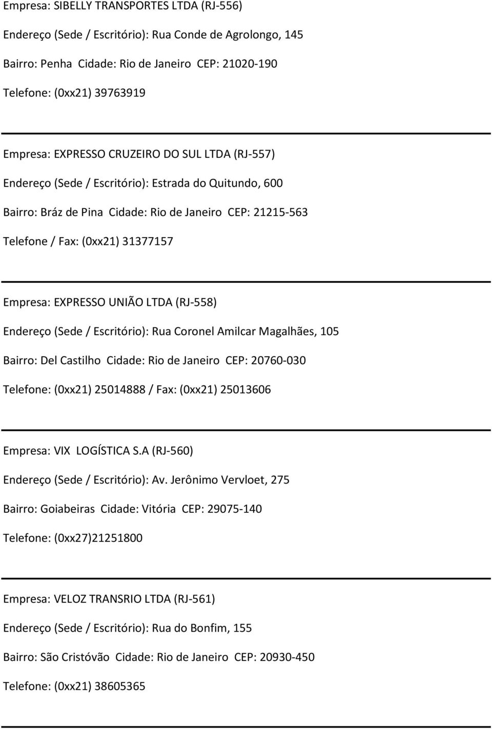 LTDA (RJ-558) Endereço (Sede/ Escritório): Rua Coronel Amilcar Magalhães, 105 Bairro: Del Castilho Cidade: Rio de Janeiro CEP: 20760-030 Telefone: (0xx21) 25014888 / Fax: (0xx21) 25013606 Empresa: