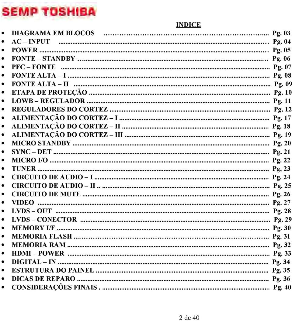 .. Pg. 22 TUNER... Pg. 23 CIRCUITO DE AUDIO I... Pg. 24 CIRCUITO DE AUDIO II..... Pg. 25 CIRCUITO DE MUTE... Pg. 26 VIDEO... Pg. 27 LVDS OUT... Pg. 28 LVDS CONECTOR... Pg. 29 MEMORY I/F... Pg. 30 MEMORIA FLASH.