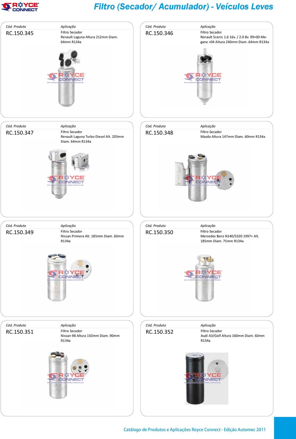 60mm R134a RC.150.349 Nissan Primera Alt. 185mm Diam. 60mm R134a RC.150.350 Mercedes Benz N140/S320 1997> Alt. 185mm Diam. 75mm R134a RC.