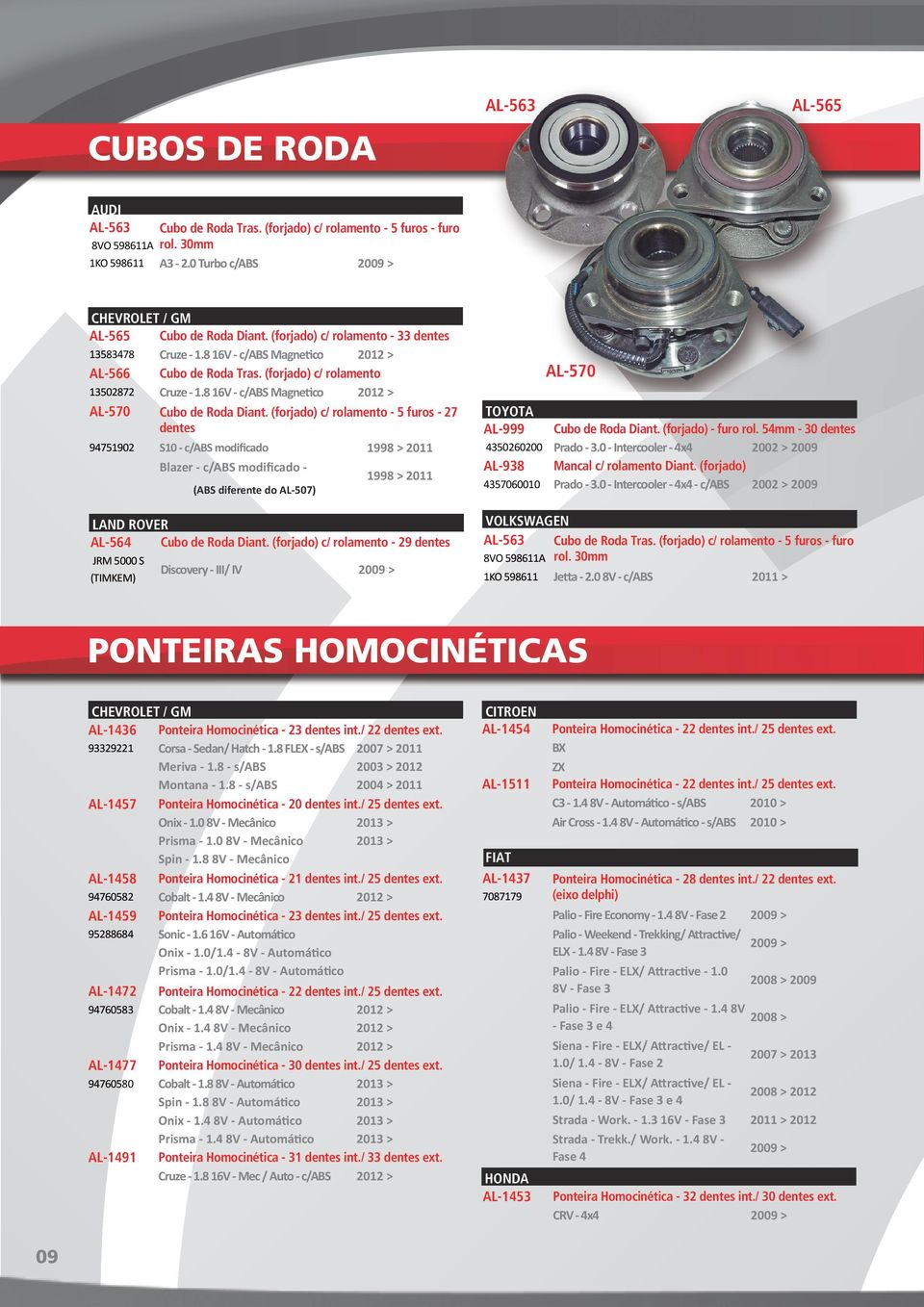 8 16V - c/abs Magnetico 2012 > AL-570 Cubo de Roda Diant. (forjado) c/ rolamento - 5 furos - 27 dentes 94751902 S10 - c/abs modificado 1998 > 2011 LAND ROVER AL-564 Cubo de Roda Diant.