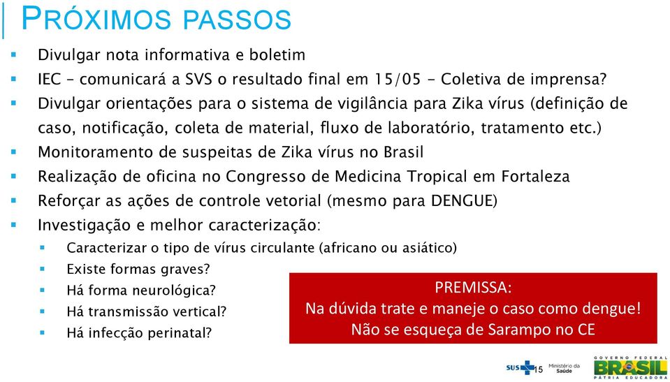 ) Monitoramento de suspeitas de Zika vírus no Brasil Realização de oficina no Congresso de Medicina Tropical em Fortaleza Reforçar as ações de controle vetorial (mesmo para DENGUE)