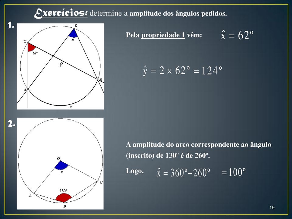 ˆ Pela propriedade 1 vêm: x 62º y ˆ 2 62º 124 º 2.