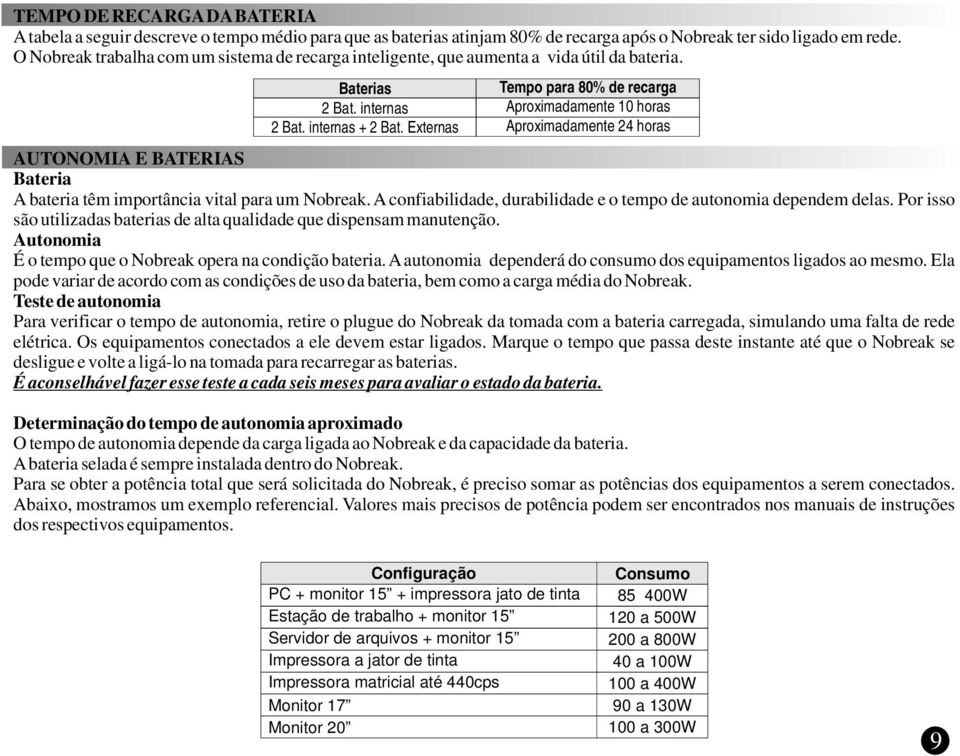 Externas Tempo para 80% de recarga Aproximadamente 10 horas Aproximadamente 24 horas AUTONOMIA E BATERIAS Bateria A bateria têm importância vital para um Nobreak.