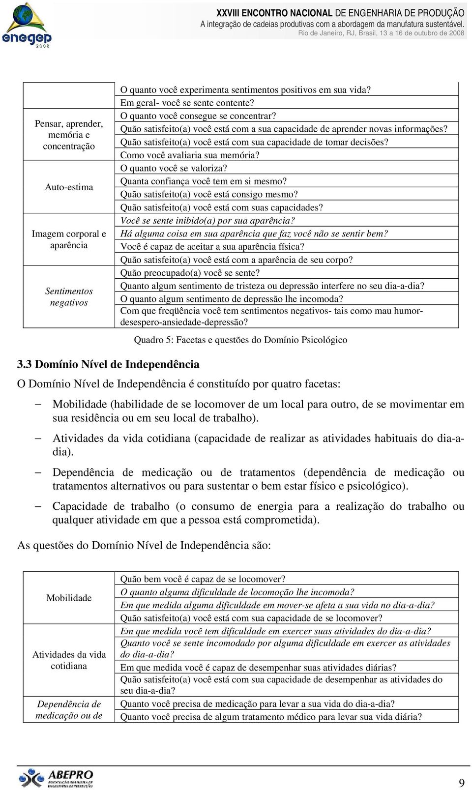 Como você avaliaria sua memória? O quanto você se valoriza? Quanta confiança você tem em si mesmo? Quão satisfeito(a) você está consigo mesmo? Quão satisfeito(a) você está com suas capacidades?