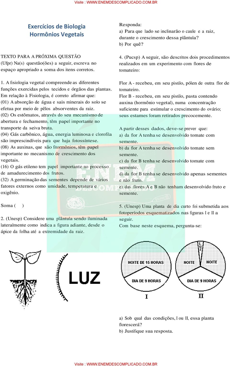 Em relação à Fisiologia, é correto afirmar que: (01) A absorção de água e sais minerais do solo se efetua por meio de pêlos absorventes da raiz.