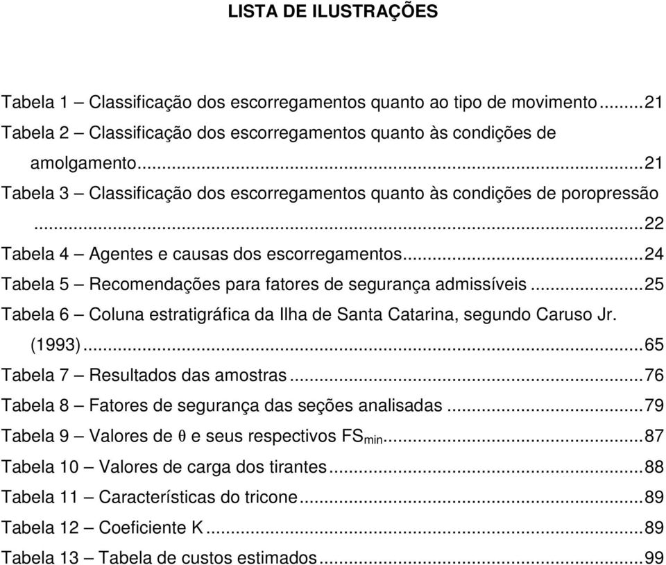 .. 24 Tabela 5 Recomendações para fatores de segurança admissíveis... 25 Tabela 6 Coluna estratigráfica da Ilha de Santa Catarina, segundo Caruso Jr. (1993)... 65 Tabela 7 Resultados das amostras.