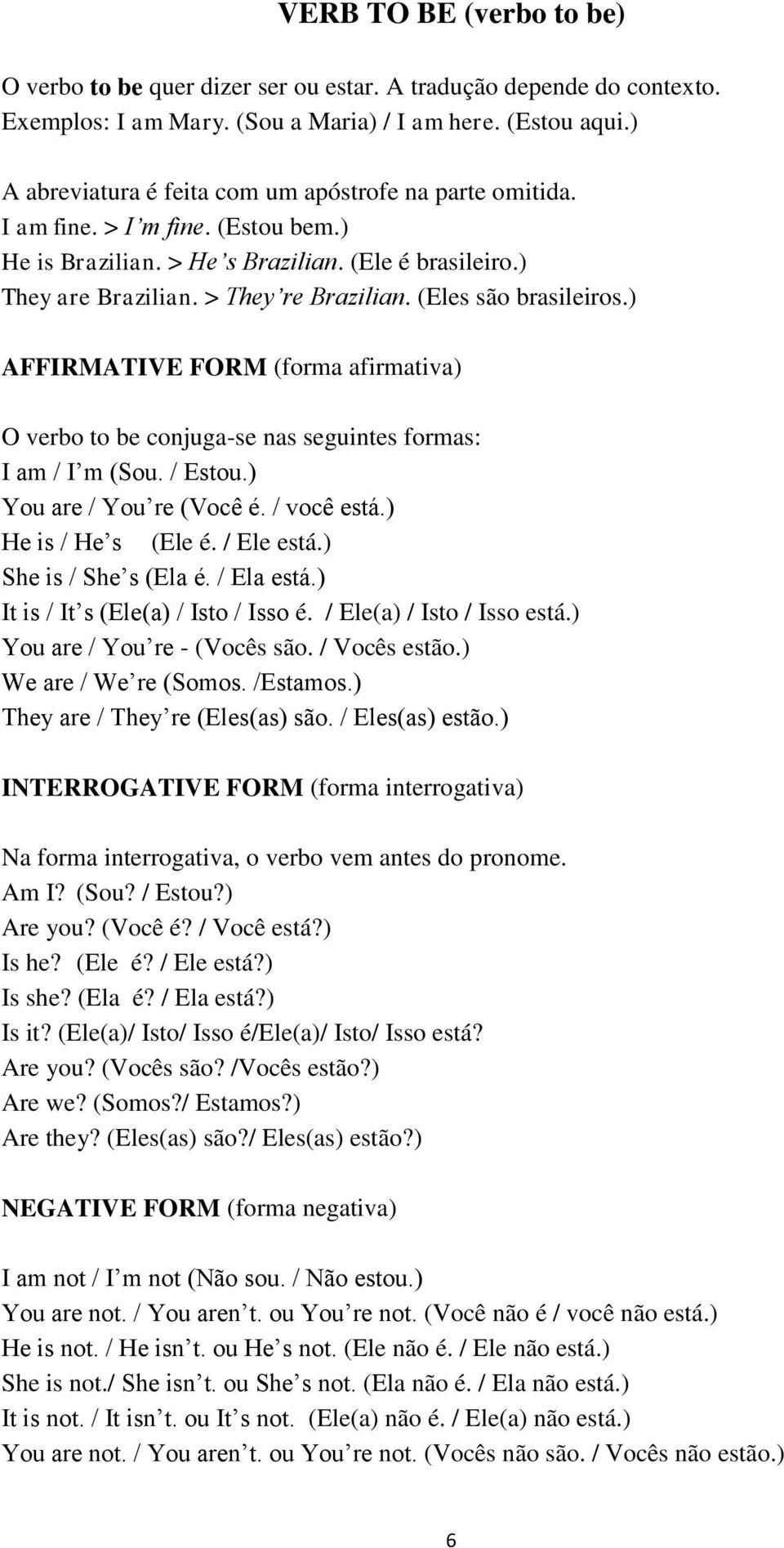 (Eles são brasileiros.) AFFIRMATIVE FORM (forma afirmativa) O verbo to be conjuga-se nas seguintes formas: I am / I m (Sou. / Estou.) You are / You re (Você é. / você está.) He is / He s (Ele é.