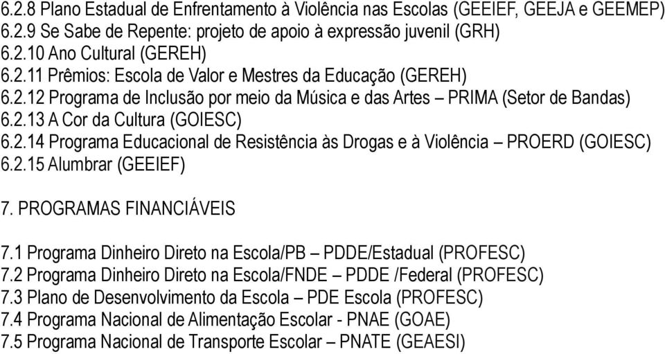 2.15 Alumbrar (GEEIEF) 7. PROGRAMAS FINANCIÁVEIS 7.1 Programa Dinheiro Direto na Escola/PB PDDE/Estadual (PROFESC) 7.2 Programa Dinheiro Direto na Escola/FNDE PDDE /Federal (PROFESC) 7.