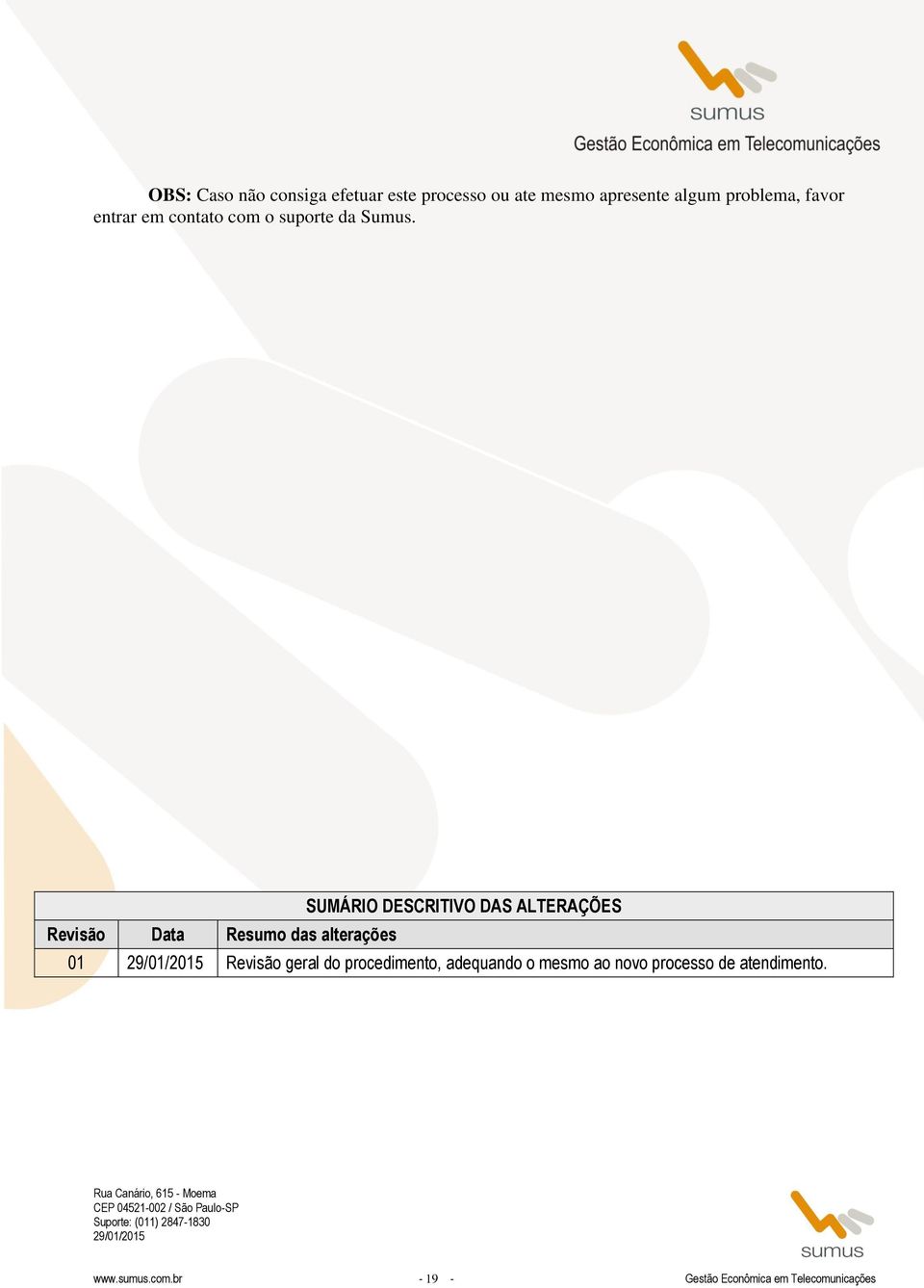 Revisão Data Resumo das alterações SUMÁRIO DESCRITIVO DAS ALTERAÇÕES 01 Revisão geral