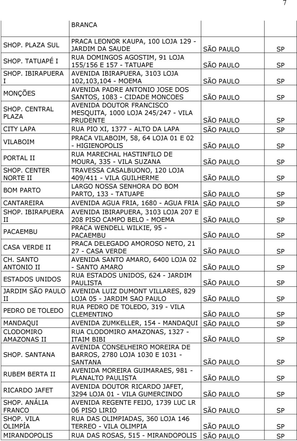CENTRAL MESQUITA, 1000 LOJA 245/247 - VILA PLAZA PRUDENTE SÃO PAULO CITY LAPA RUA PIO XI, 1377 - ALTO DA LAPA SÃO PAULO VILABOIM PRACA VILABOIM, 58, 64 LOJA 01 E 02 - HIGIENOPOLIS SÃO PAULO PORTAL II