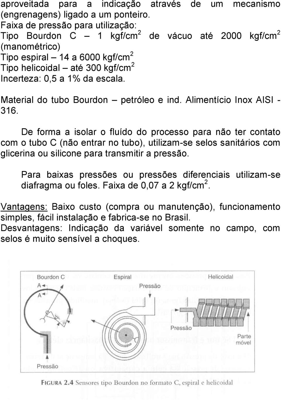 Material do tubo Bourdon petróleo e ind. Alimentício Inox AISI - 316.