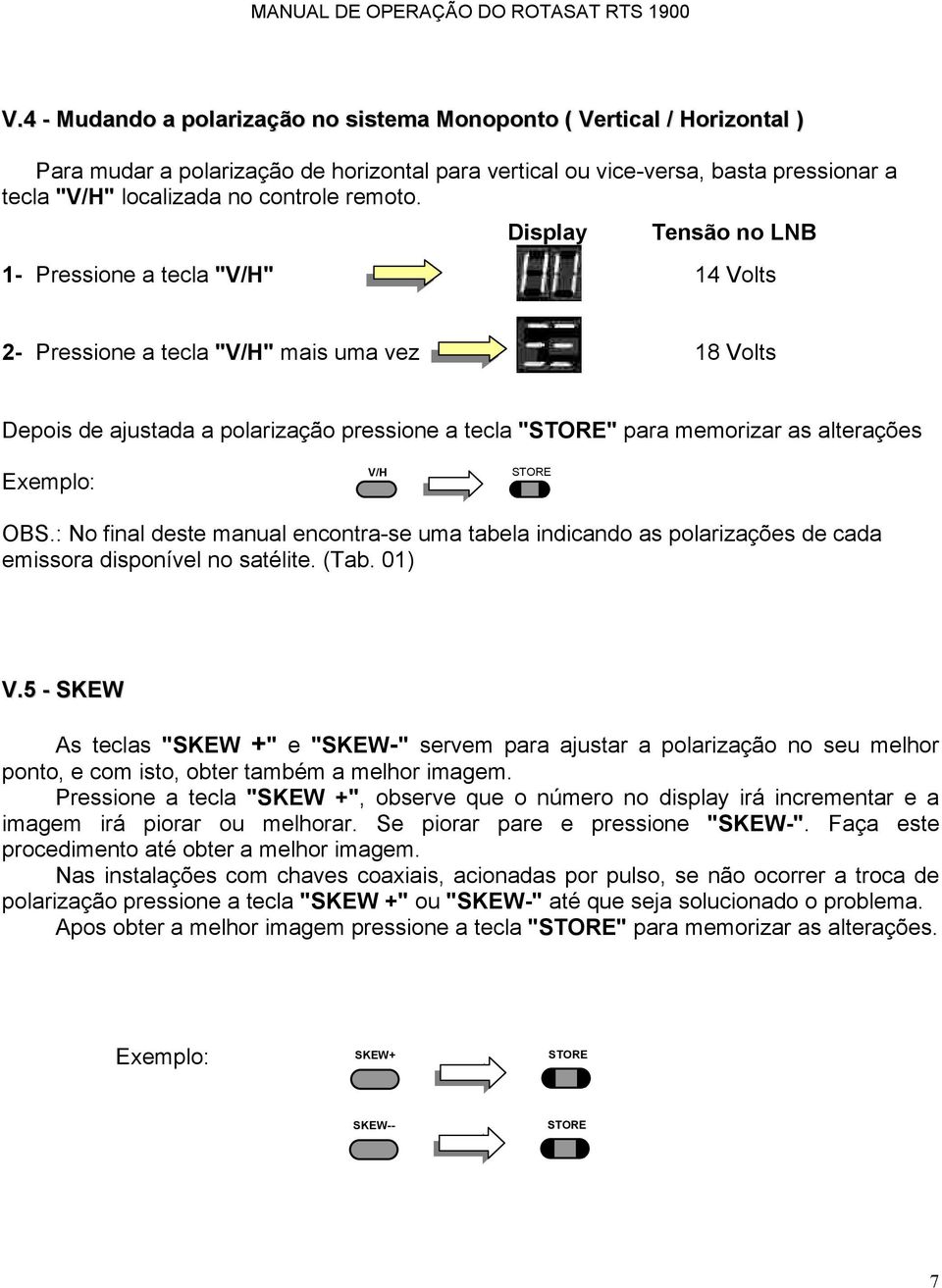 Display Tensão no LNB 1- Pressione a tecla "V/H" 14 Volts 2- Pressione a tecla "V/H" mais uma vez 18 Volts Depois de ajustada a polarização pressione a tecla "STORE" para memorizar as alterações