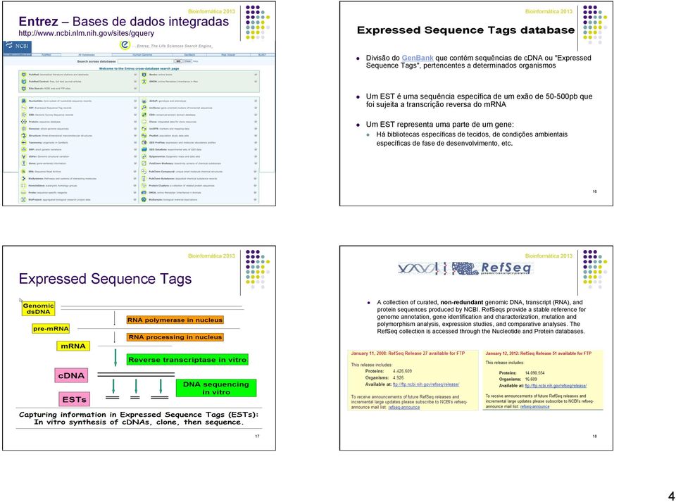 gov/sites/gquery Divisão do GenBank que contém sequências de cdna ou "Expressed Sequence Tags", pertencentes a determinados organismos Um EST é uma sequência específica de um exão de 50-500pb que foi