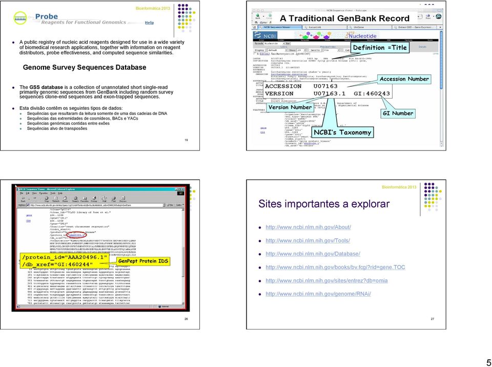 Genome Survey Sequences Database The GSS database is a collection of unannotated short single-read primarily genomic sequences from GenBank including random survey sequences clone-end sequences and