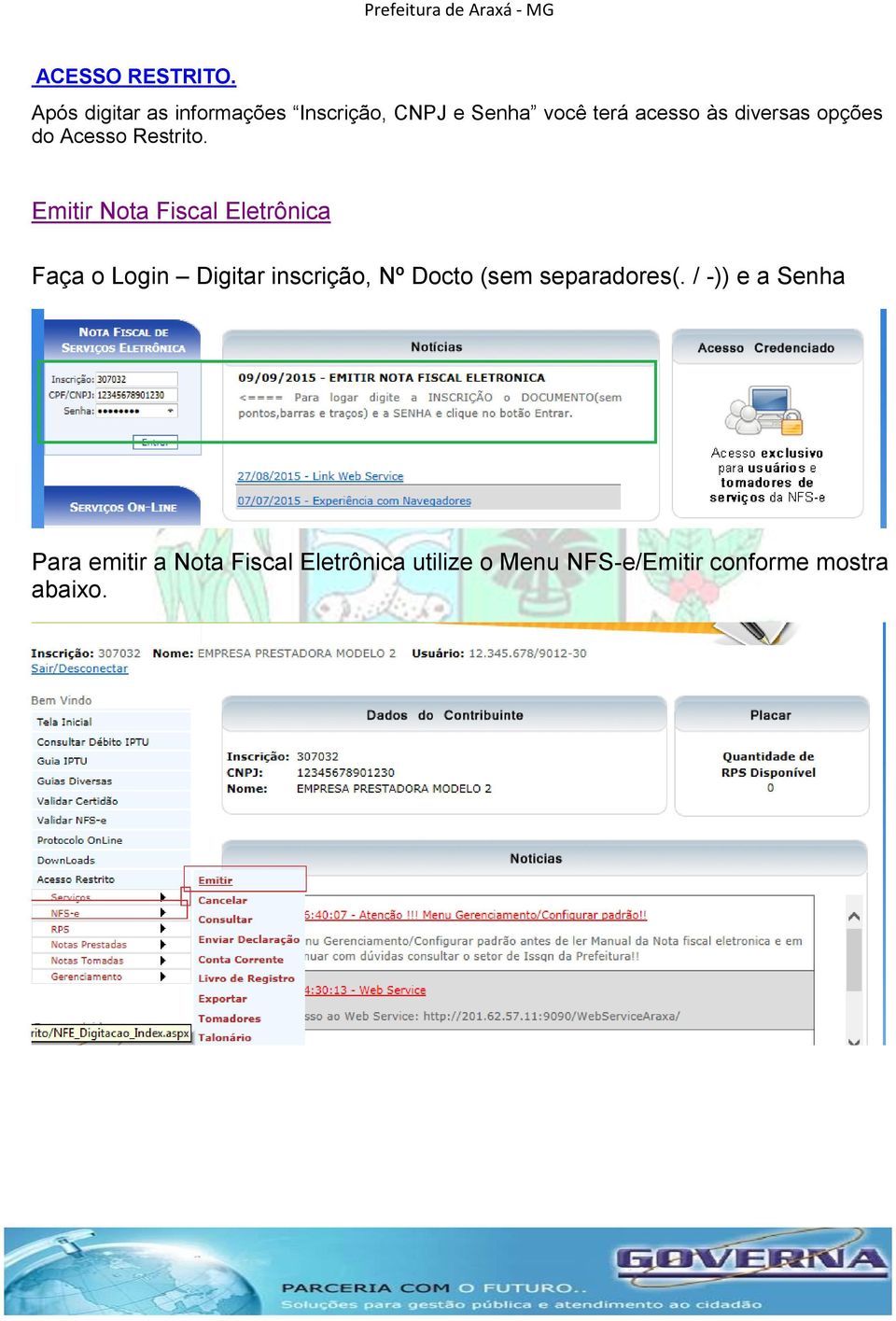 diversas opções do Acesso Restrito.