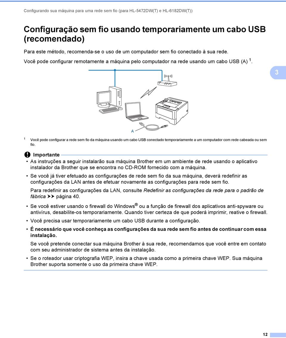 3 A 1 Você pode configurar a rede sem fio da máquina usando um cabo USB conectado temporariamente a um computador com rede cabeada ou sem fio.