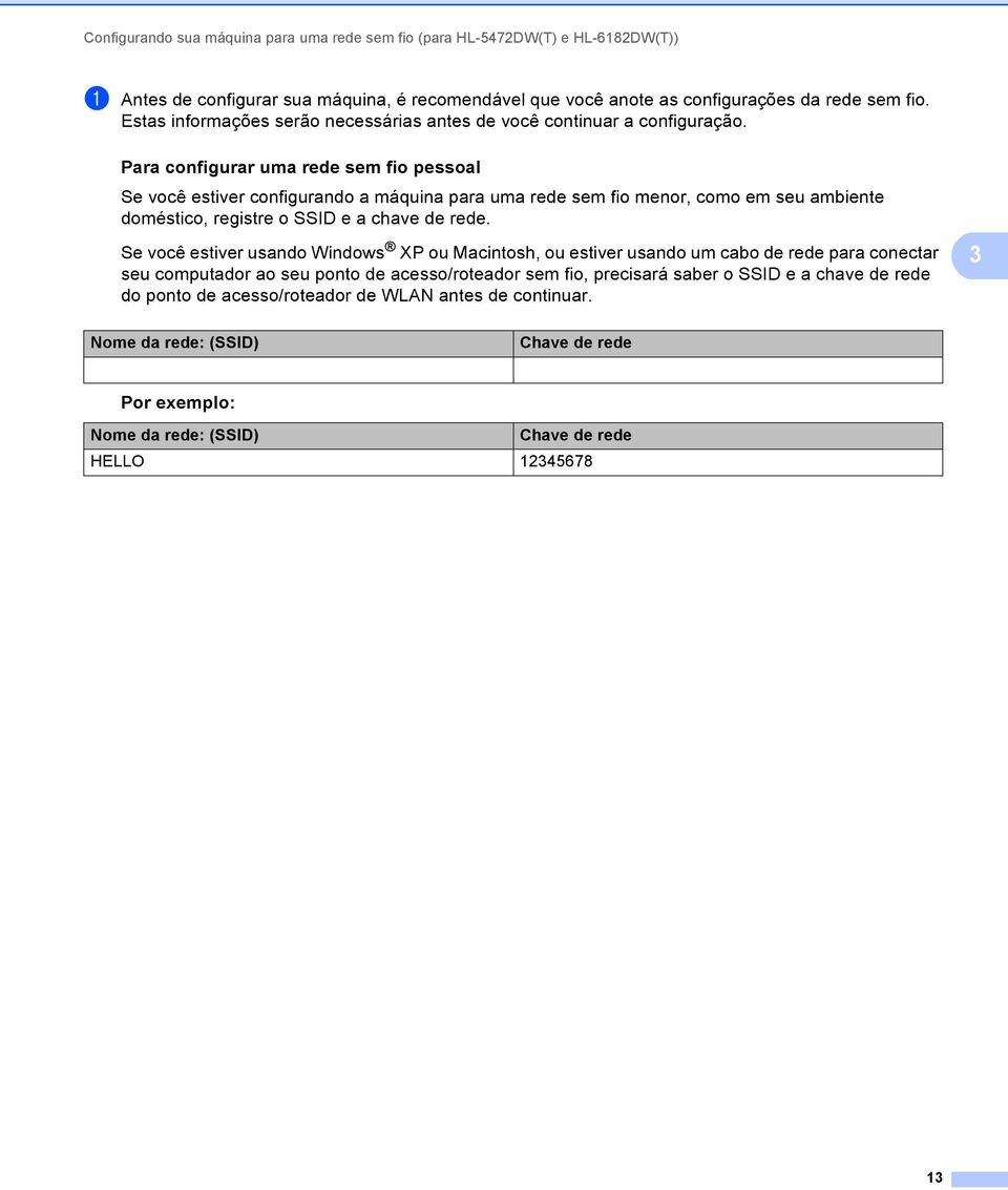 Para configurar uma rede sem fio pessoal 3 Se você estiver configurando a máquina para uma rede sem fio menor, como em seu ambiente doméstico, registre o SSID e a chave de rede.