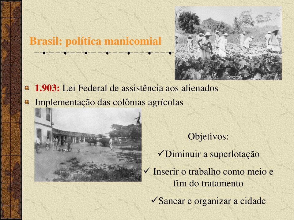 Implementação das colônias agrícolas Objetivos: