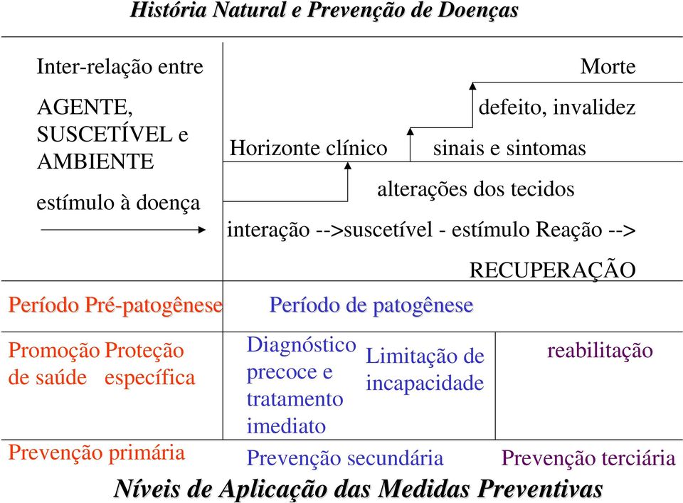 interação -->suscetível - estímulo Reação --> Período de patogênese Diagnóstico precoce e tratamento imediato Limitação de