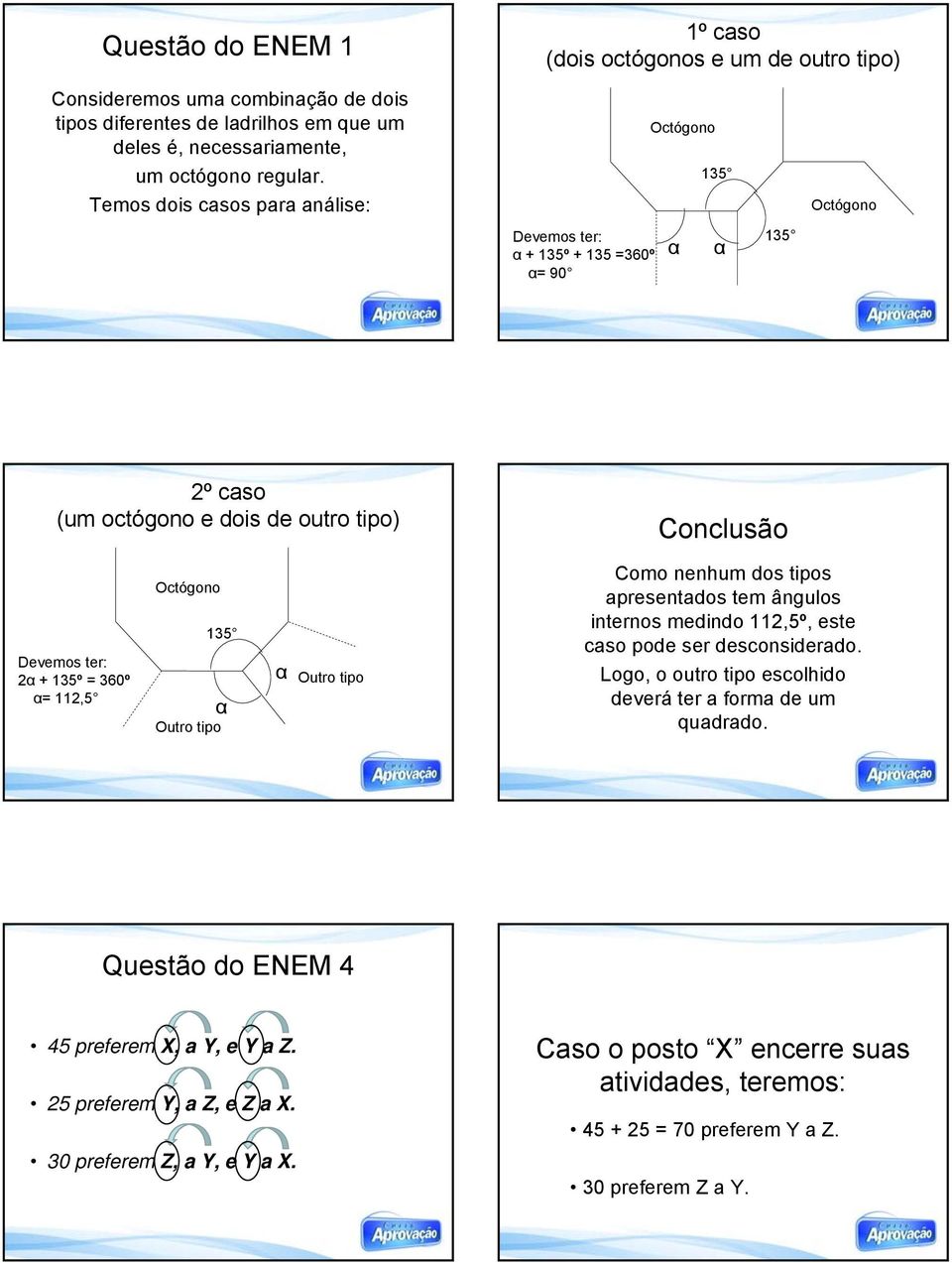 2 + 135º = 360º = 112,5 Outro tipo Outro tipo Como nenhum dos tipos apresentados tem ângulos internos medindo 112,5º, este caso pode ser desconsiderado.