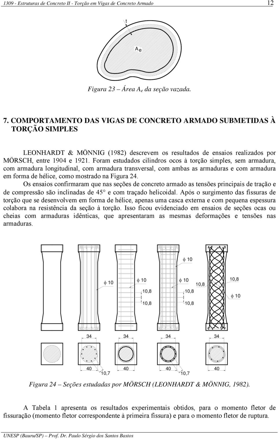 Foram estudados cilindros ocos à torção simples, sem armadura, com armadura longitudinal, com armadura transversal, com ambas as armaduras e com armadura em forma de hélice, como mostrado na Figura 4.