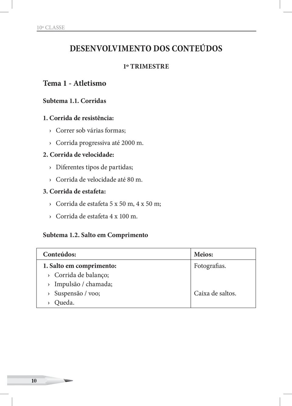 00 m. 2. Corrida de velocidade: Diferentes tipos de partidas; Corrida de velocidade até 80 m. 3.