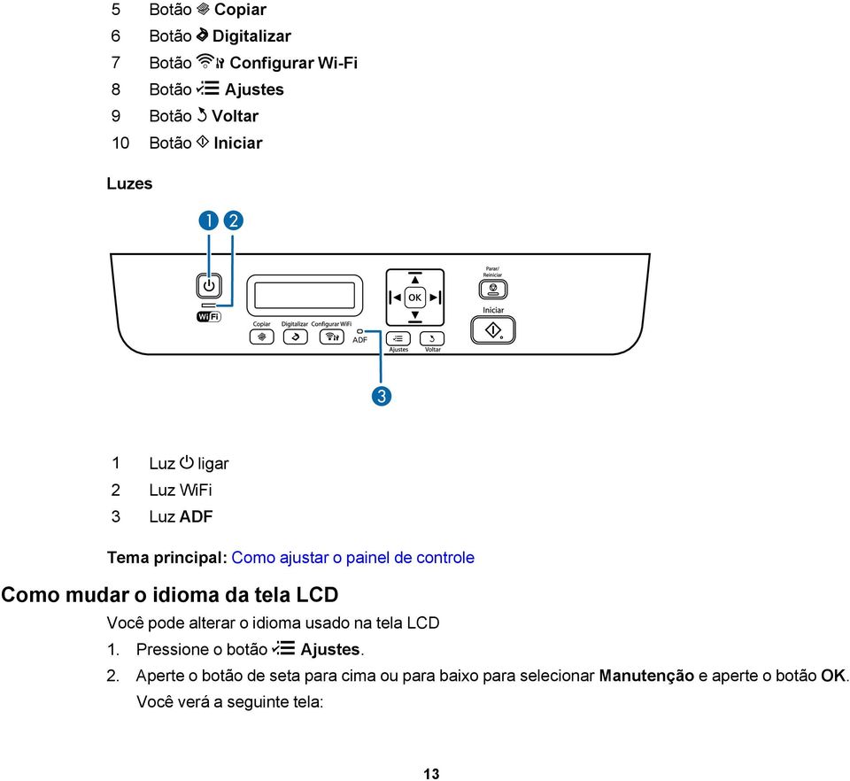 idioma da tela LCD Você pode alterar o idioma usado na tela LCD 1. Pressione o botão Ajustes. 2.