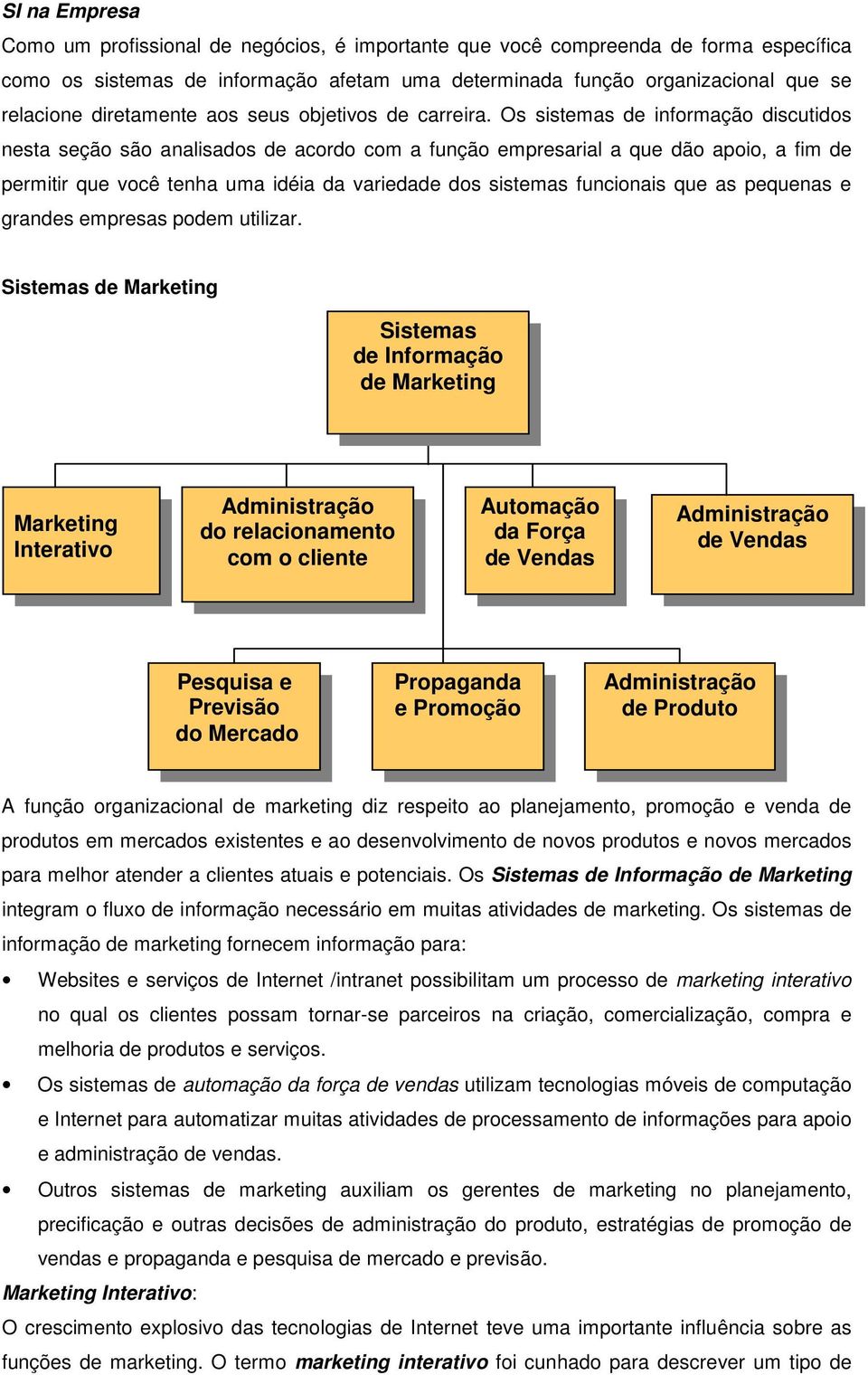 Os sistemas de informação discutidos nesta seção são analisados de acordo com a função empresarial a que dão apoio, a fim de permitir que você tenha uma idéia da variedade dos sistemas funcionais que