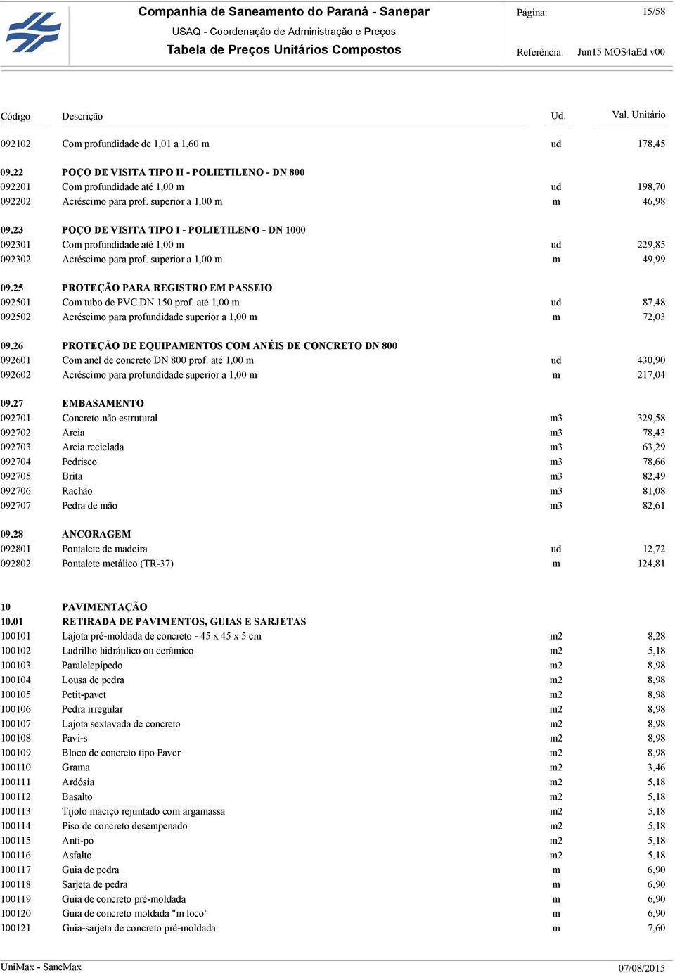 25 PROTEÇÃO PARA REGISTRO EM PASSEIO 092501 Com tubo de PVC DN 150 prof. até 1,00 m ud 87,48 092502 Acréscimo para profundidade superior a 1,00 m m 72,03 09.