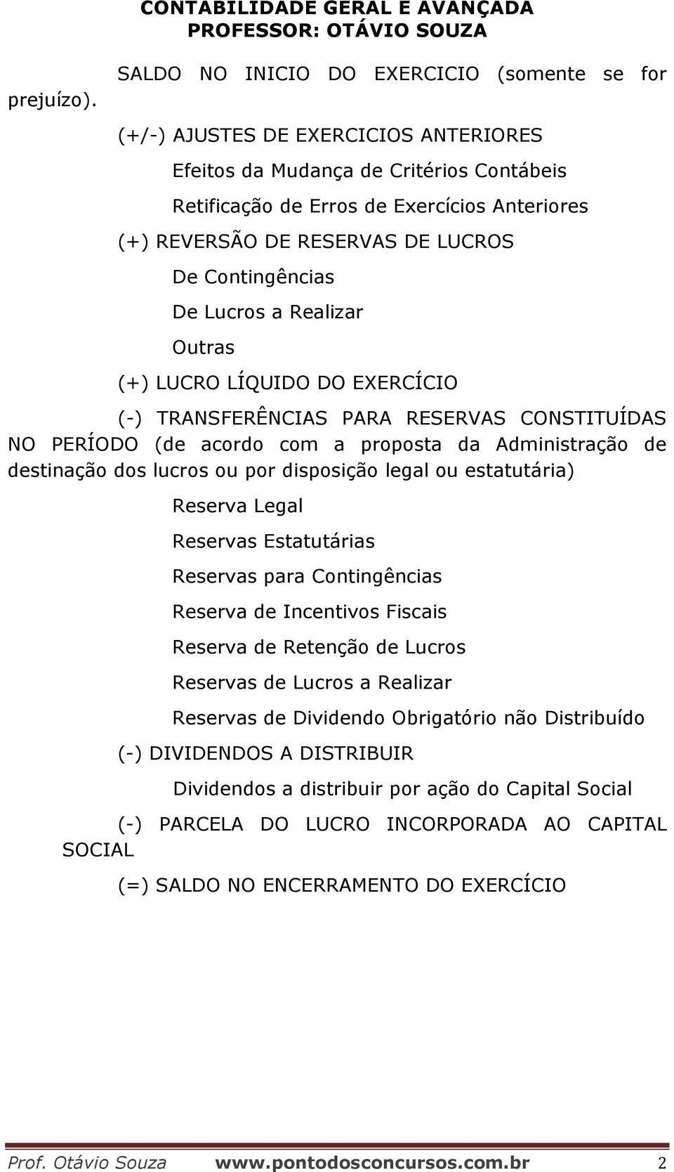 LUCROS De Contingências De Lucros a Realizar Outras (+) LUCRO LÍQUIDO DO EXERCÍCIO (-) TRANSFERÊNCIAS PARA RESERVAS CONSTITUÍDAS NO PERÍODO (de acordo com a proposta da Administração de destinação