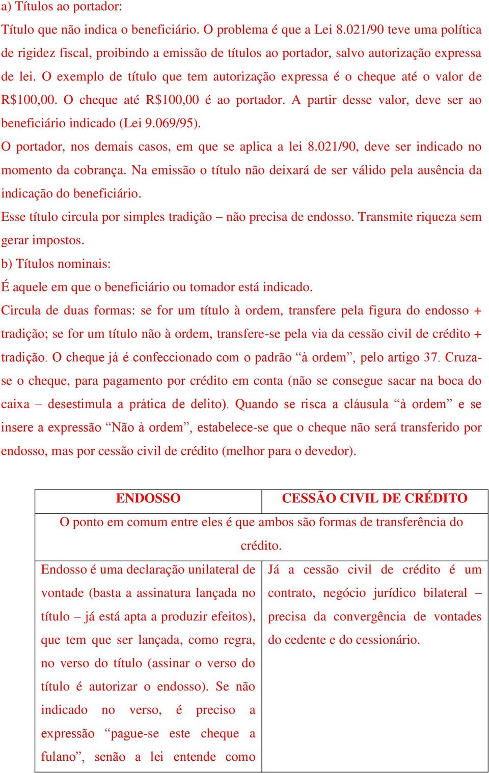 O exemplo de título que tem autorização expressa é o cheque até o valor de R$100,00. O cheque até R$100,00 é ao portador. A partir desse valor, deve ser ao beneficiário indicado (Lei 9.069/95).