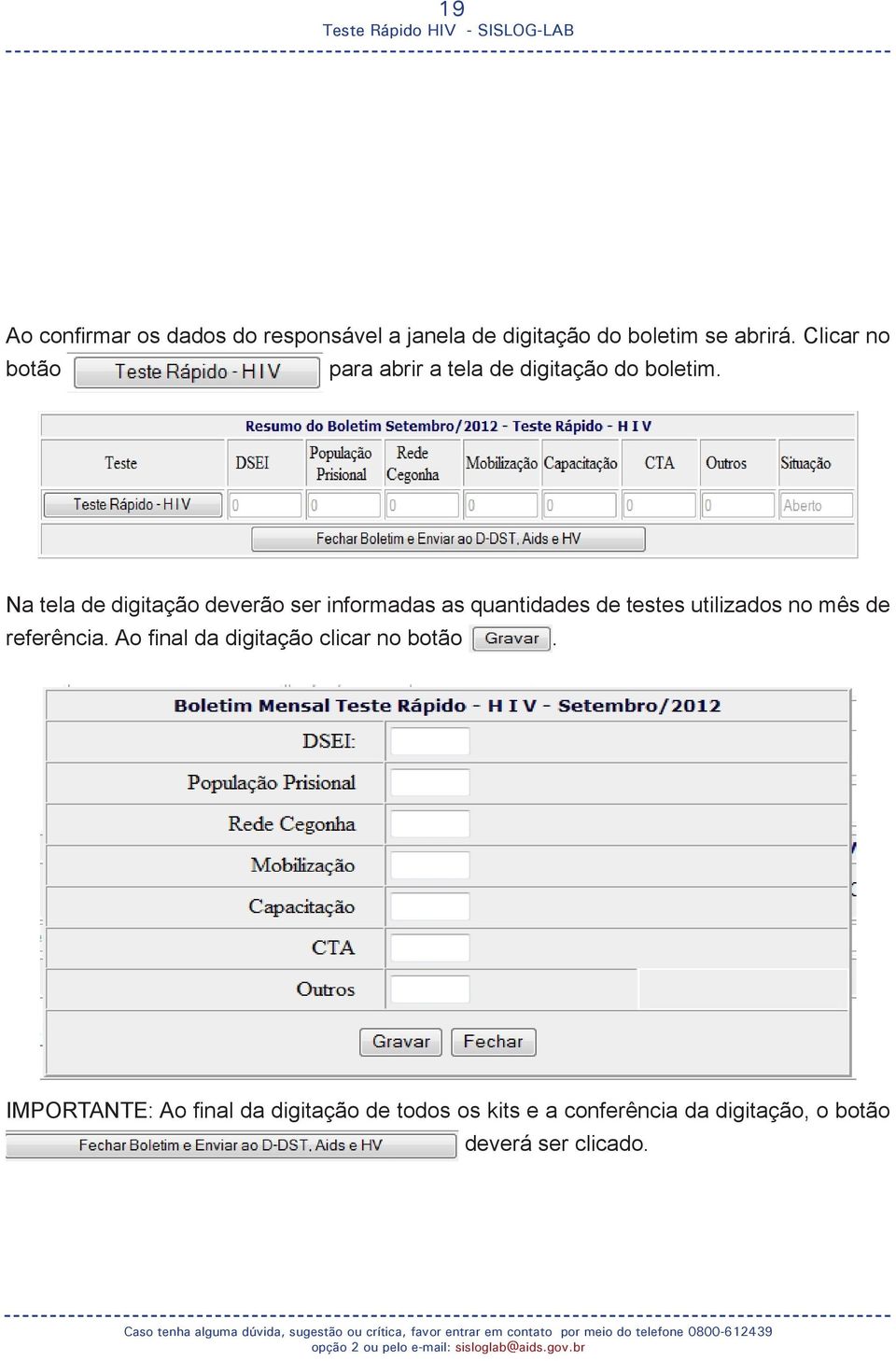 Na tela de digitação deverão ser informadas as quantidades de testes utilizados no mês de