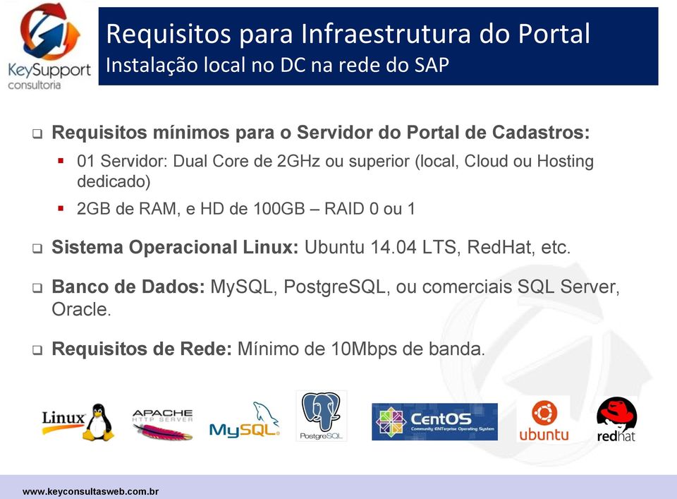 e HD de 100GB RAID 0 ou 1 Sistema Operacional Linux: Ubuntu 14.04 LTS, RedHat, etc.