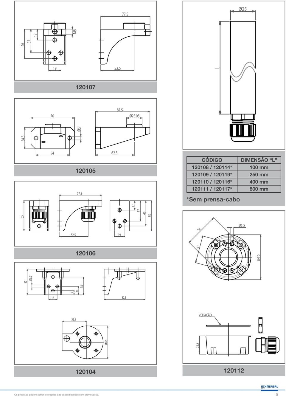 5 CÓDIGO DIMENSÃO L 120108 / 120114* 100 mm 120109 / 120119* 250 mm 120110 / 120116*