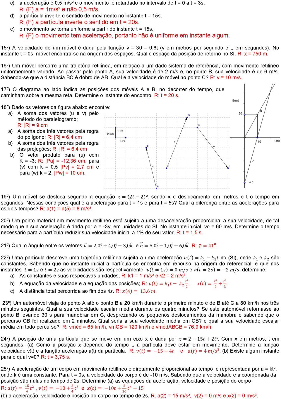 15º) A velocidade de um móvel é dada pela função v = 30 0,6t (v em metros por segundo e t, em segundos). No instante t = 0s, móvel encontra-se na origem dos espaços.