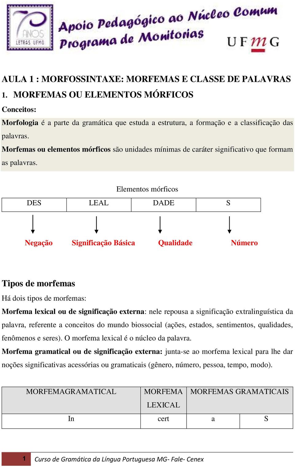 Elementos mórficos DES LEAL DADE S Negação Significação Básica Qualidade Número Tipos de morfemas Há dois tipos de morfemas: Morfema lexical ou de significação externa: nele repousa a significação